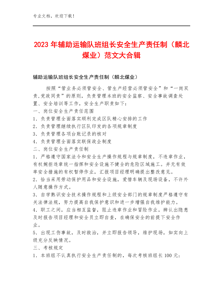 2023年辅助运输队班组长安全生产责任制（麟北煤业）范文大合辑