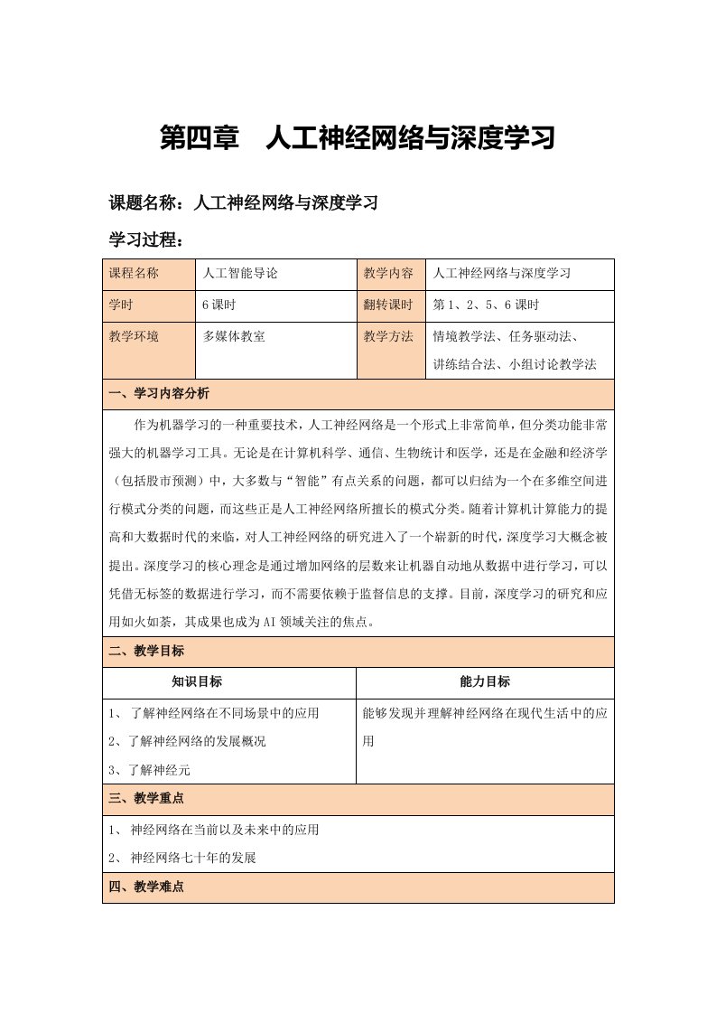 《人工智能导论》教案第4章人工神经网络与深度学习