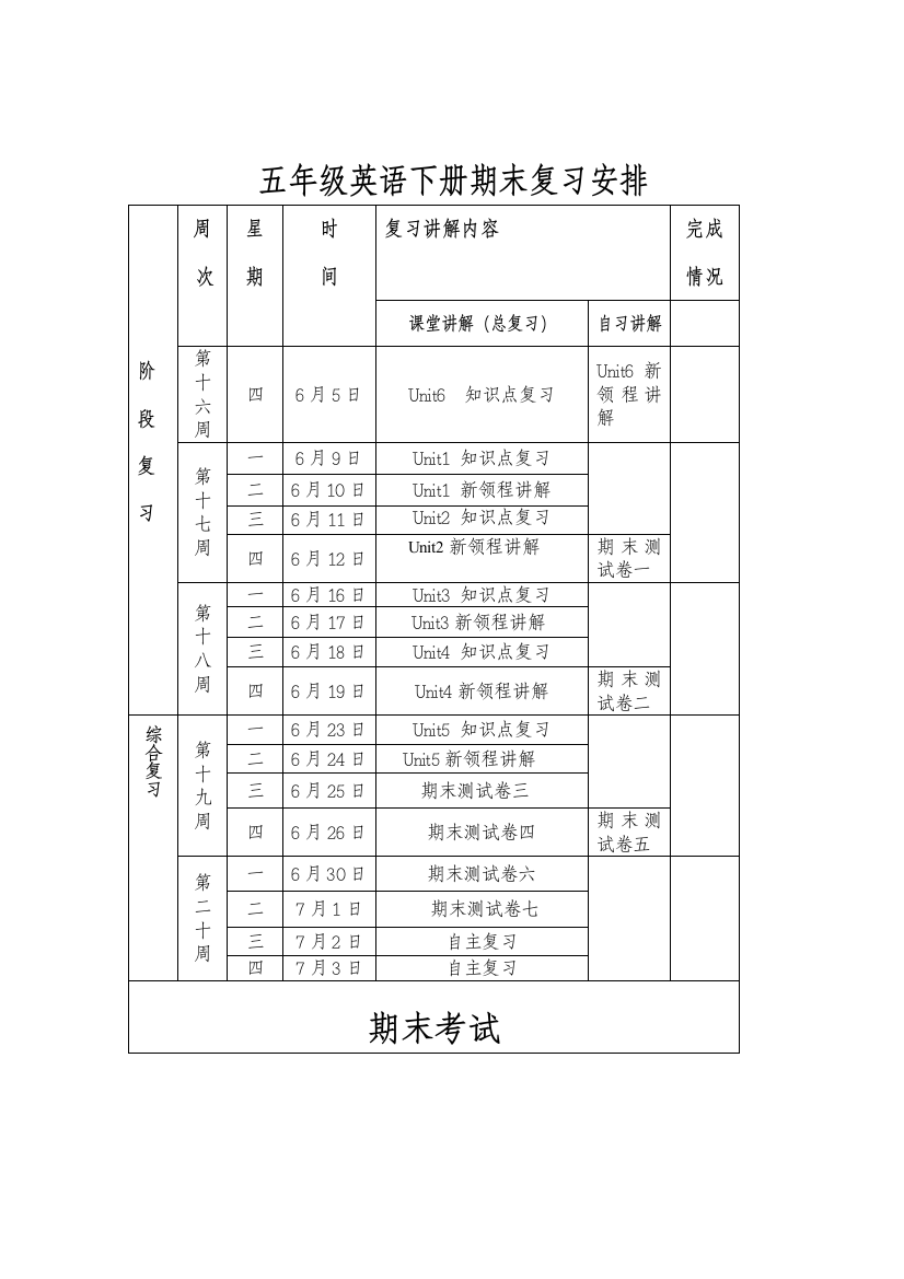 五年级下册复习计划表MicrosoftWord文档