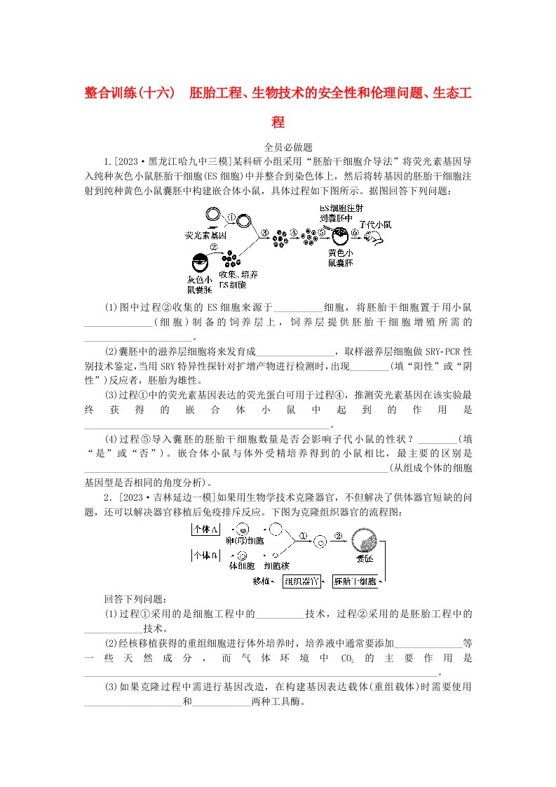 统考版2024高考生物二轮专题复习整合训练16胚胎工程生物技术的安全性和伦理问题生态工程