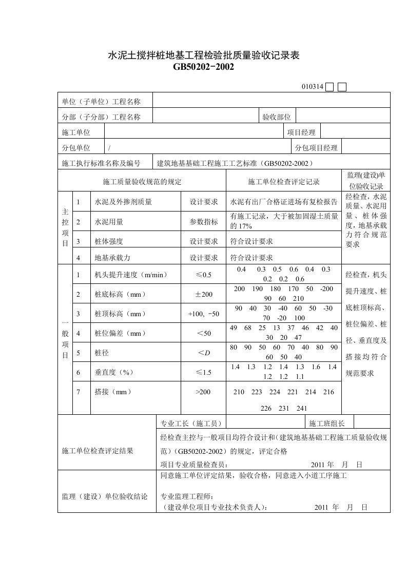 水泥土搅拌桩地基工程检验批质量验收记录表