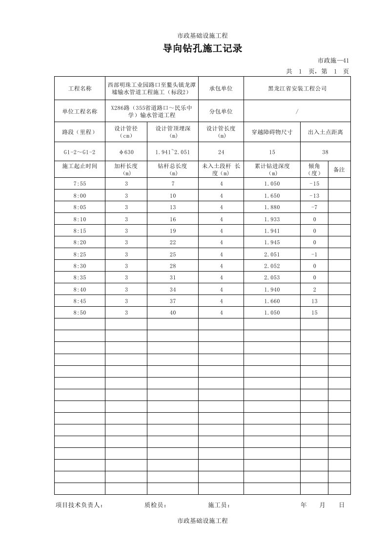 241导向钻孔施工记录