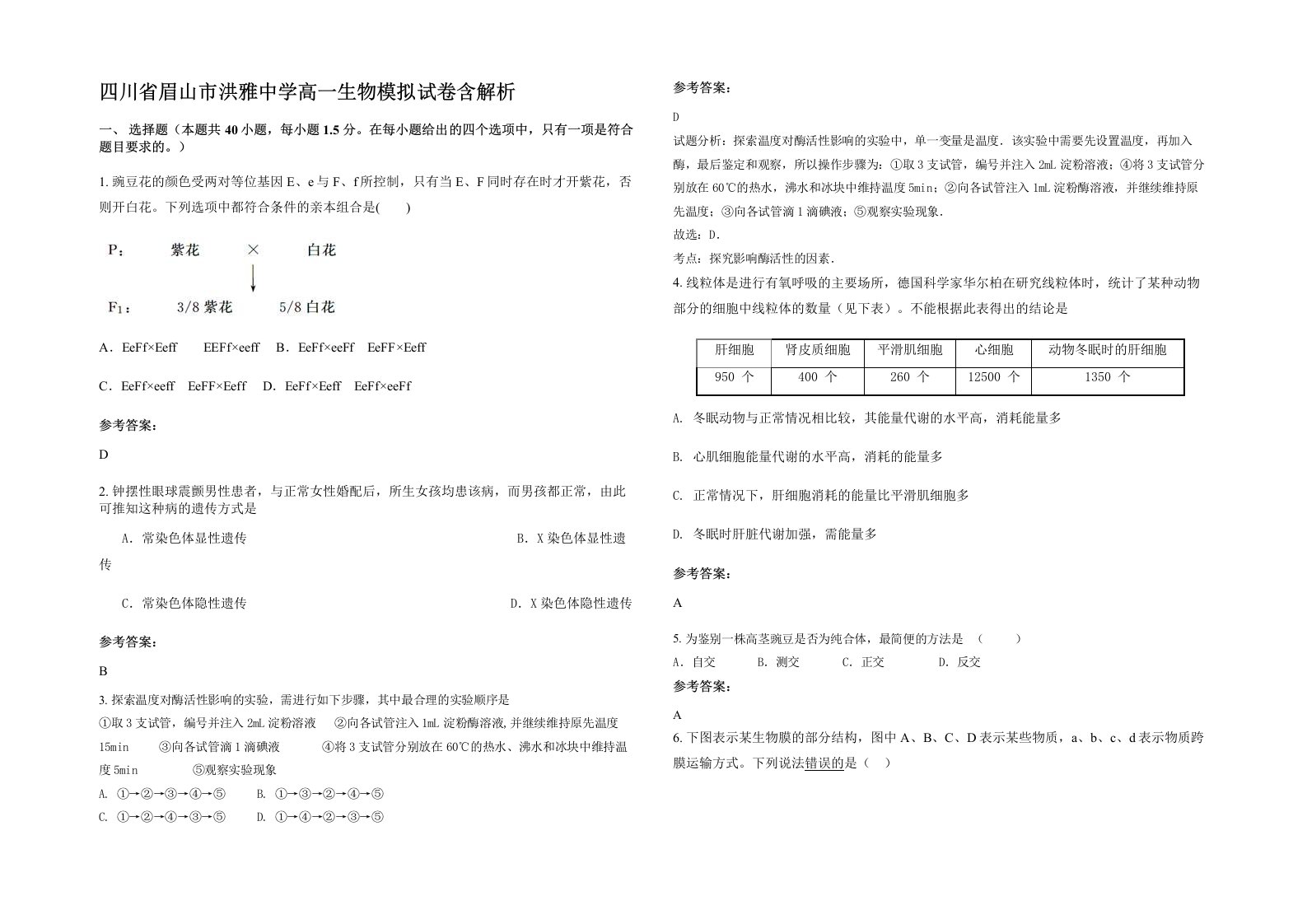 四川省眉山市洪雅中学高一生物模拟试卷含解析