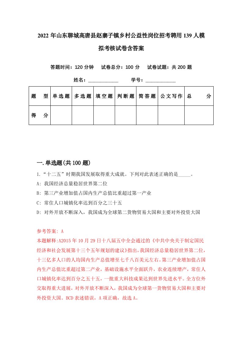 2022年山东聊城高唐县赵寨子镇乡村公益性岗位招考聘用139人模拟考核试卷含答案1