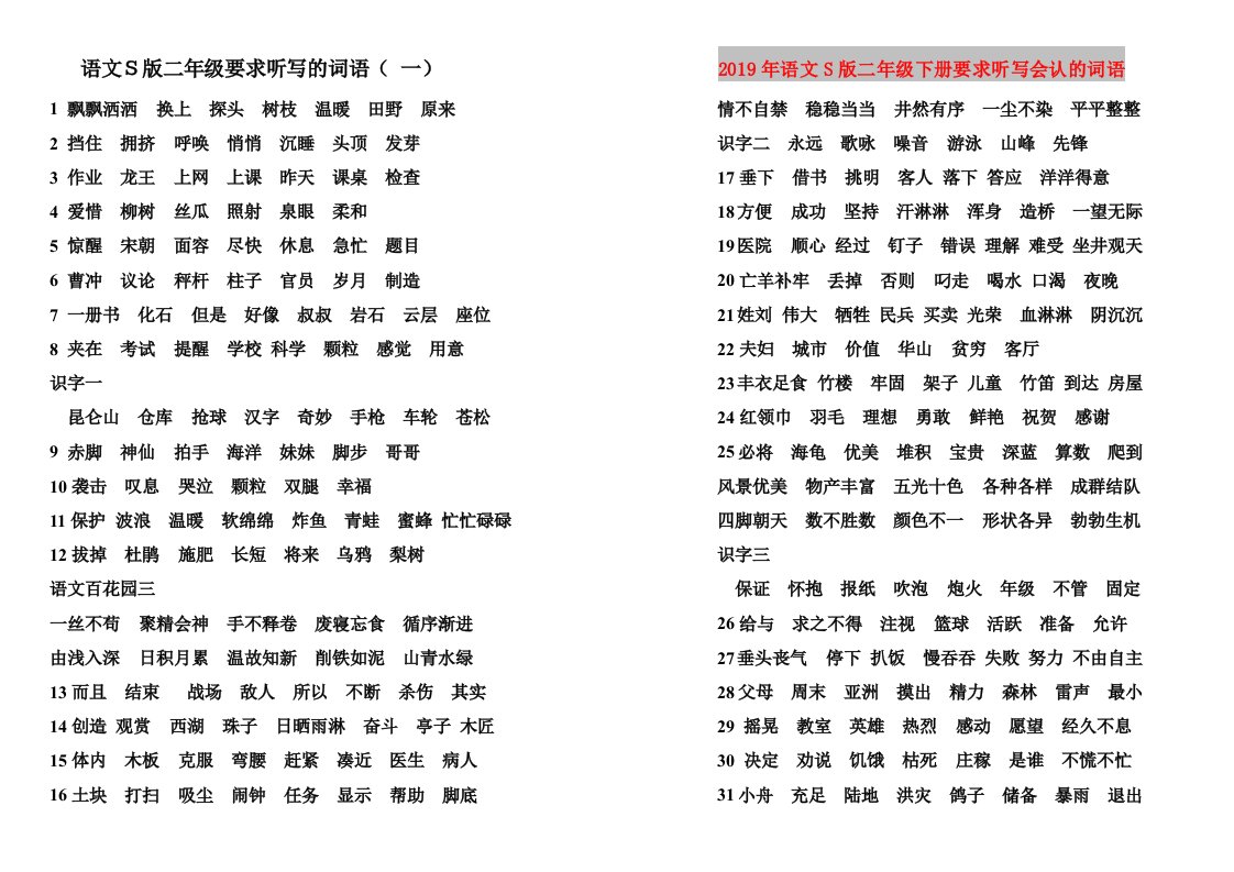 2019年语文S版二年级下册要求听写会认的词语