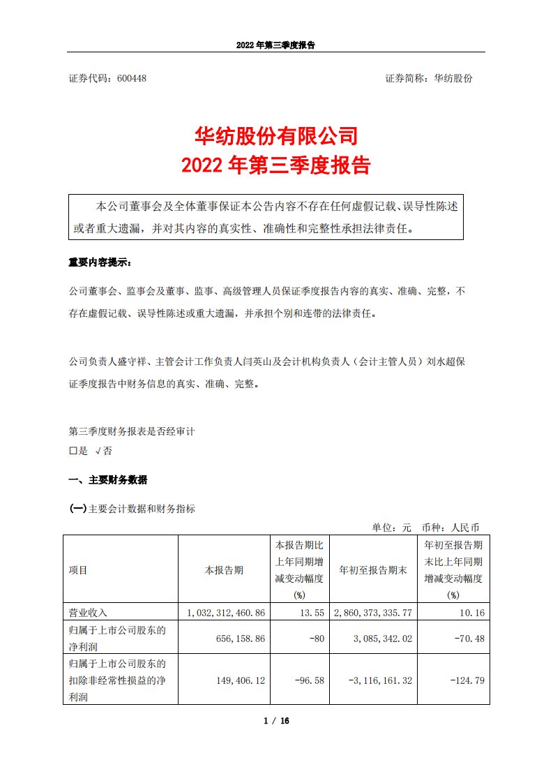 上交所-华纺股份：2022年第三季度报告-20221028