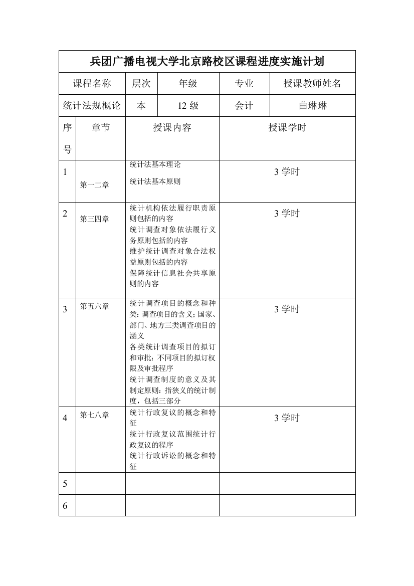 曲琳琳-统计法规概论进度实施计划