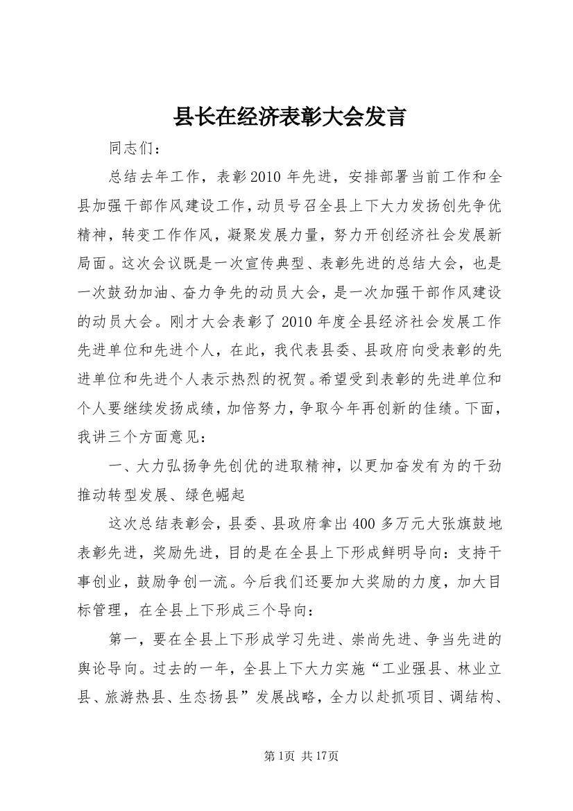 县长在经济表彰大会发言