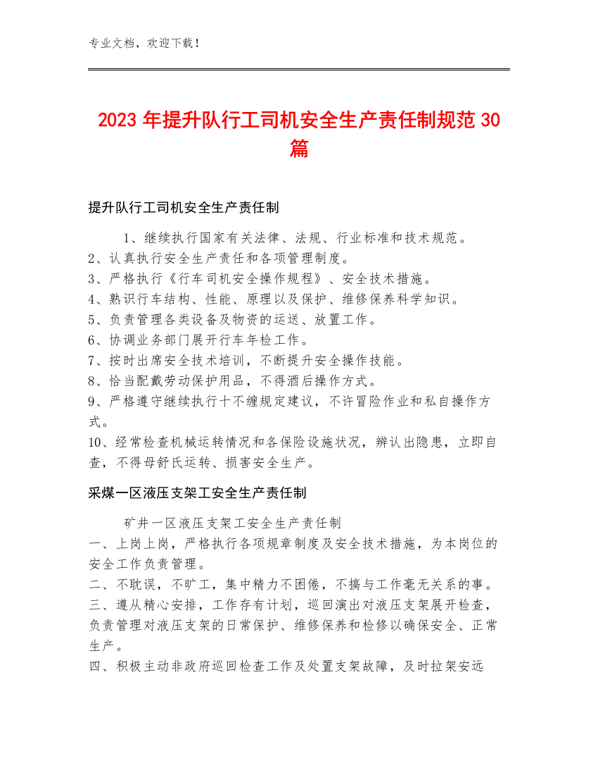 2023年提升队行工司机安全生产责任制规范30篇