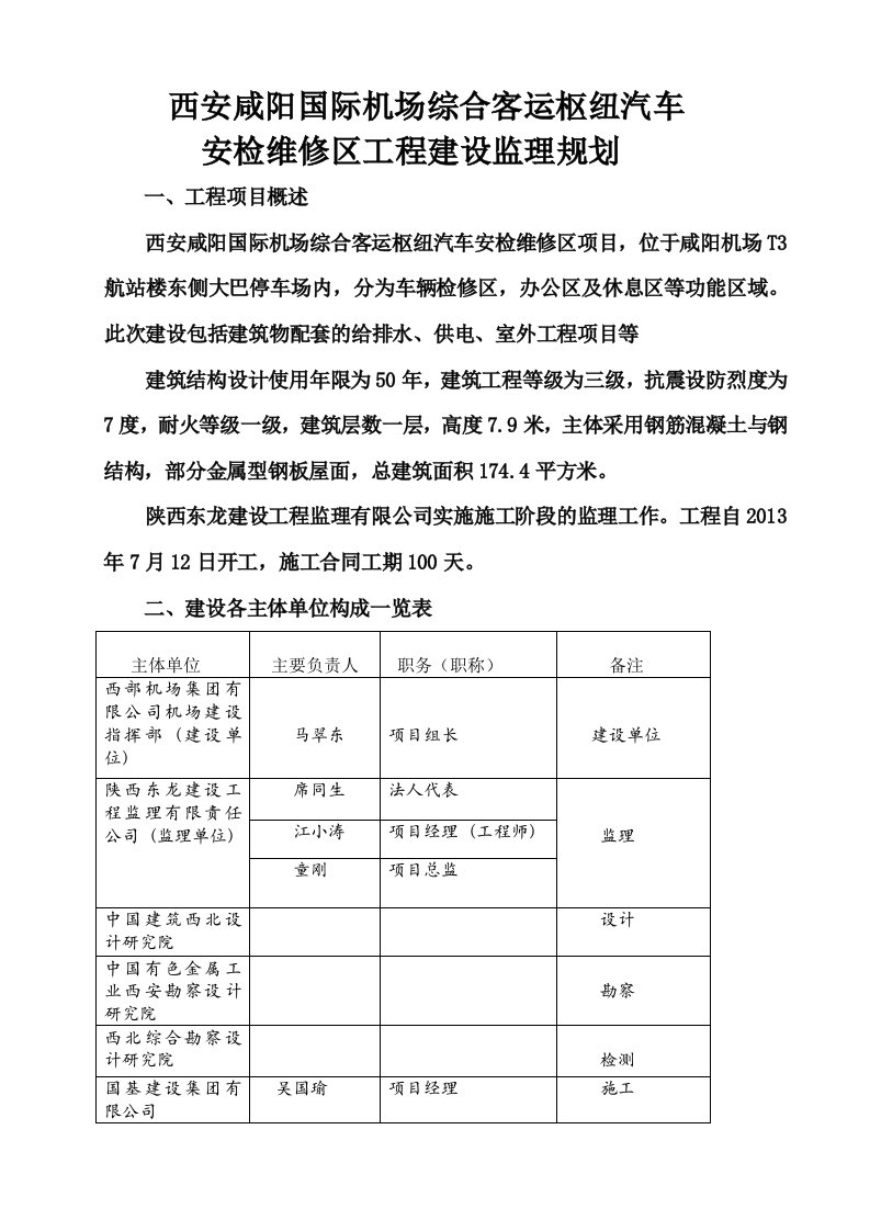 国际机场综合客运枢纽汽车安检维修区工程建设监理规划