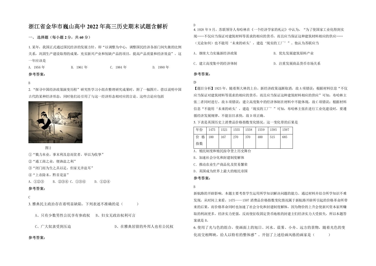 浙江省金华市巍山高中2022年高三历史期末试题含解析