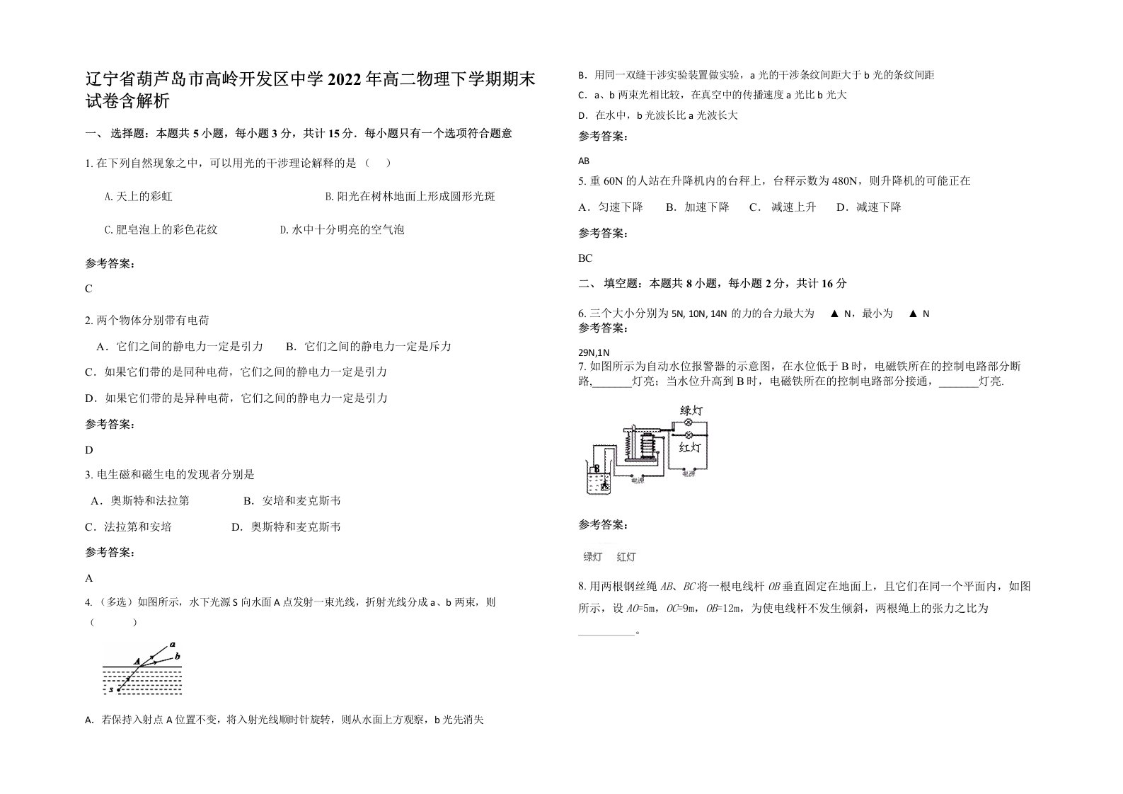 辽宁省葫芦岛市高岭开发区中学2022年高二物理下学期期末试卷含解析