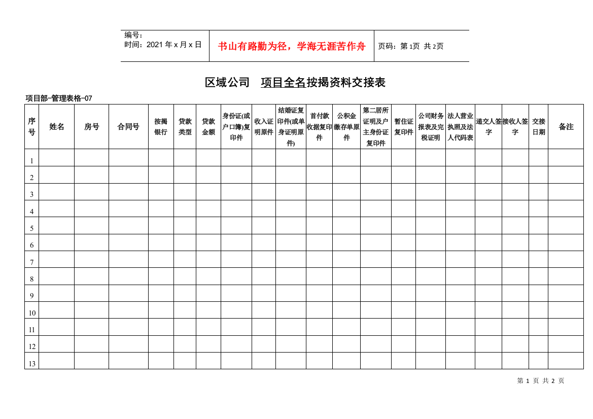 管理表格07按揭资料交接表(开发商或银行)[1]