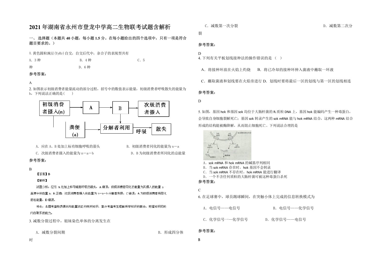 2021年湖南省永州市登龙中学高二生物联考试题含解析