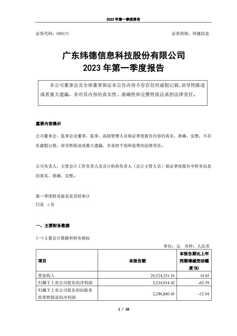 上交所-广东纬德信息科技股份有限公司2023年第一季度报告