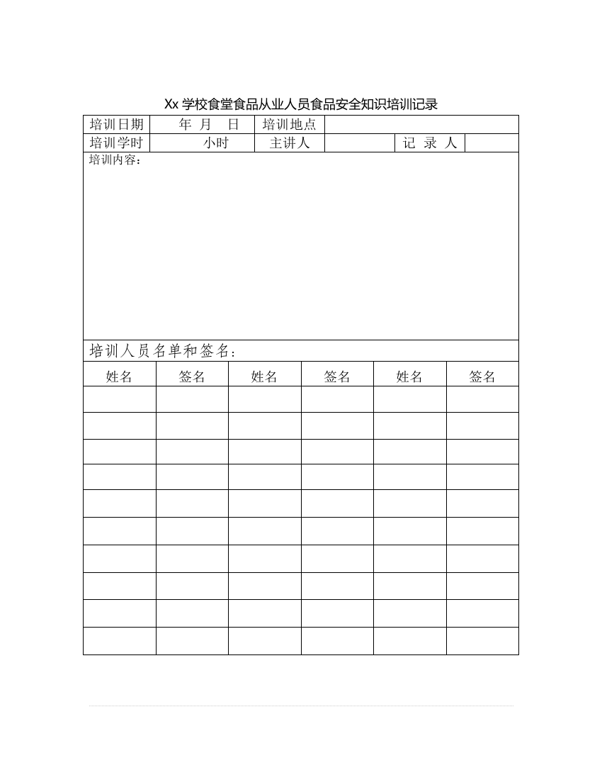 学校食堂食品从业人员食品安全基础知识培训记录