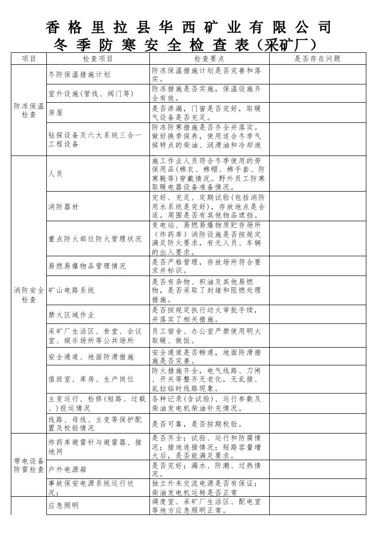 冬季防寒安全检查表