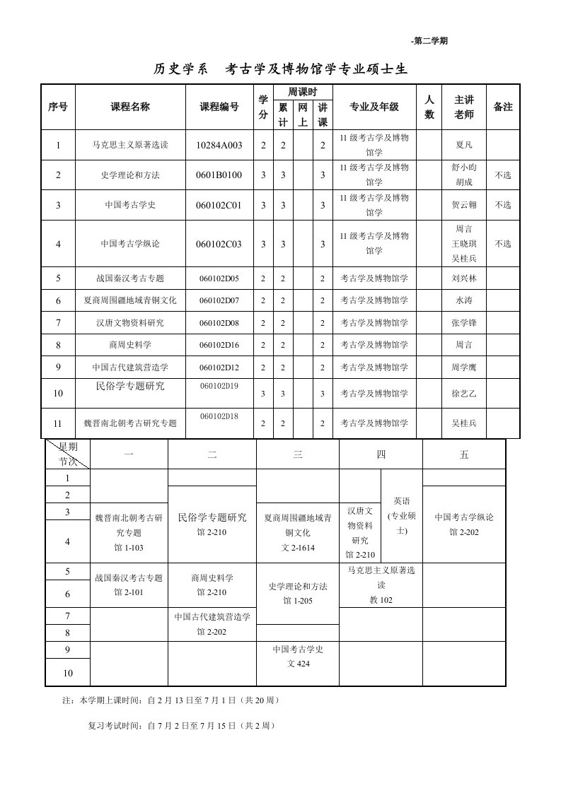 南京大学历史系课程表样稿