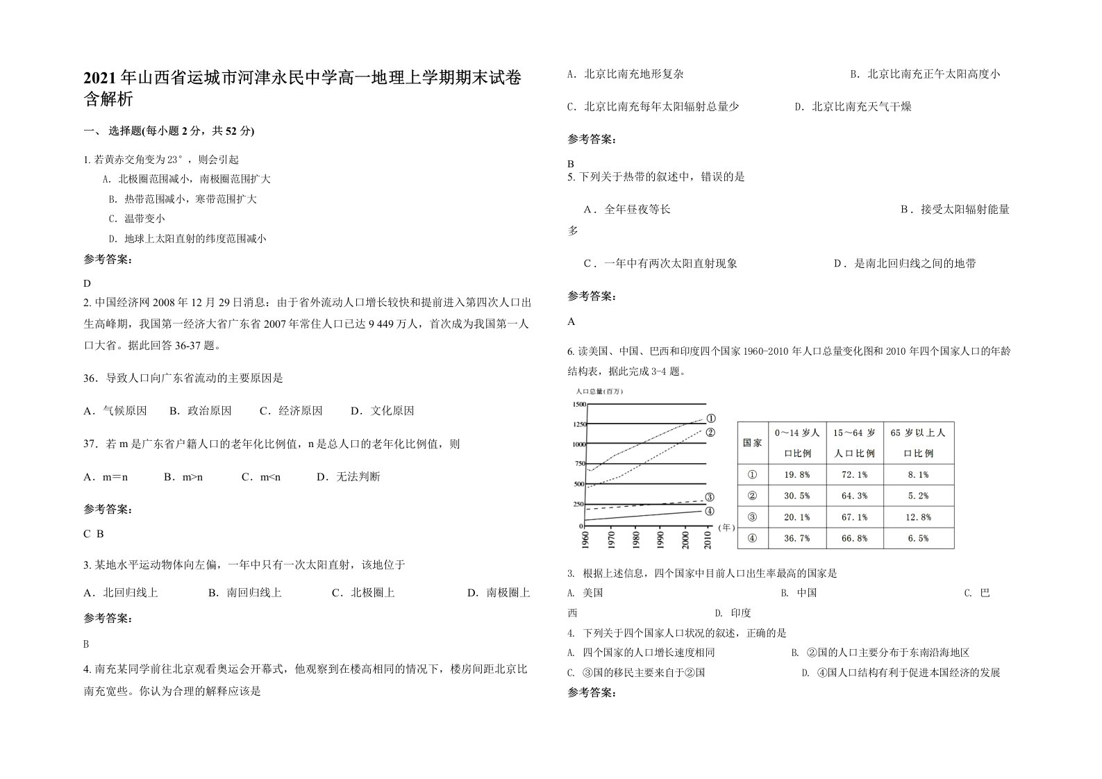 2021年山西省运城市河津永民中学高一地理上学期期末试卷含解析