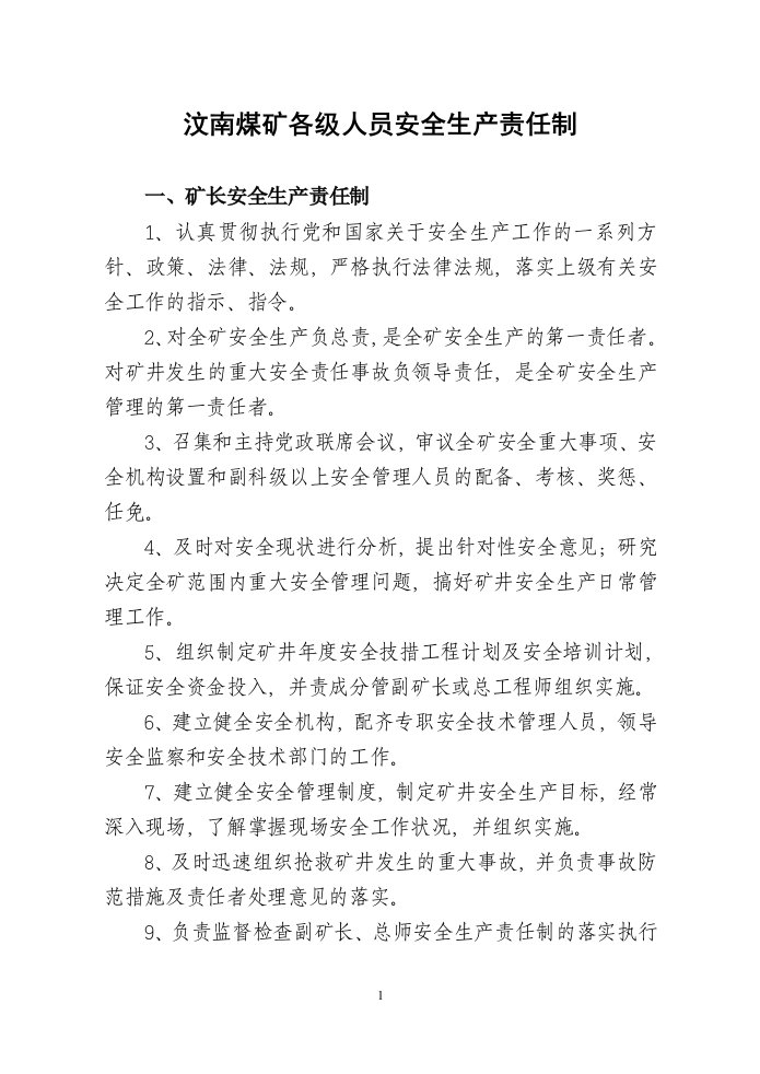 汶南煤矿各级人员安全生产责任制