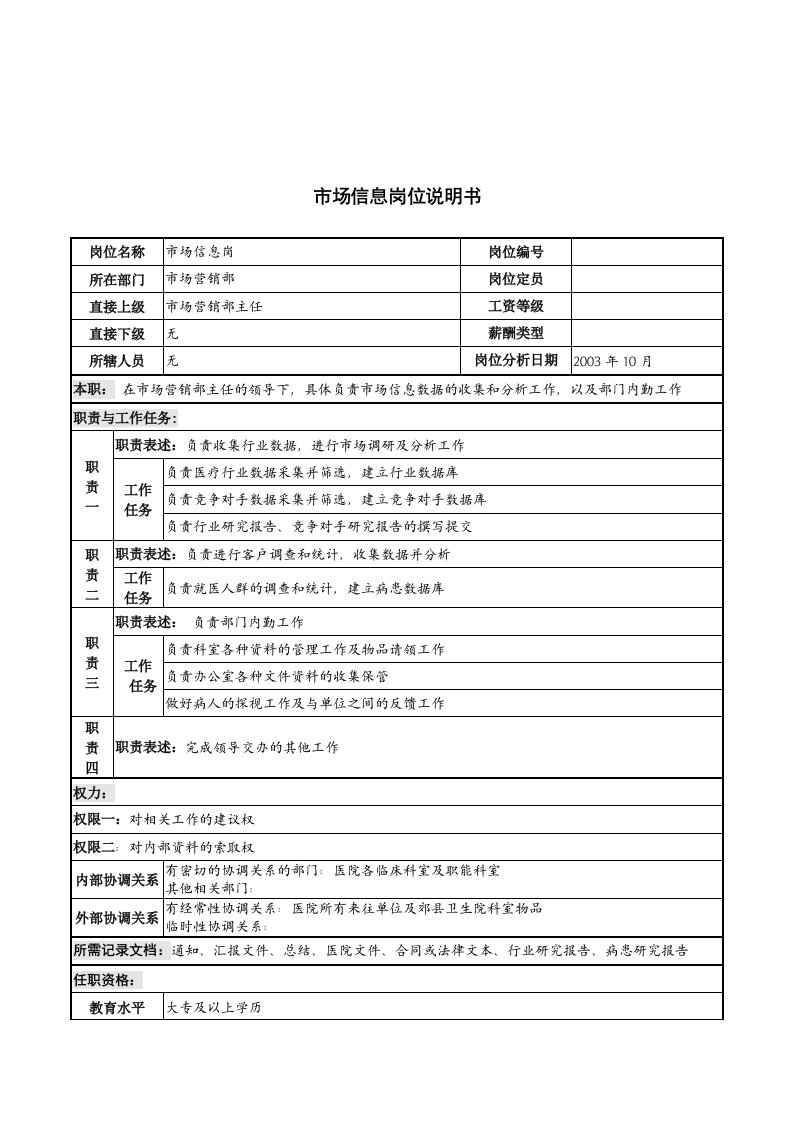 湖北新华医院市场营销部市场信息岗位说明书