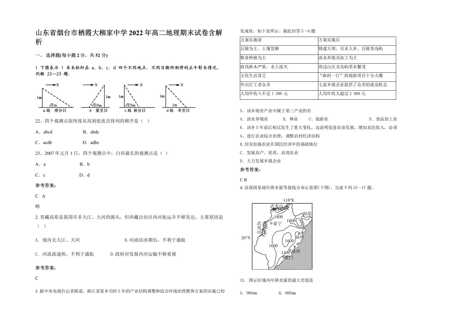 山东省烟台市栖霞大柳家中学2022年高二地理期末试卷含解析