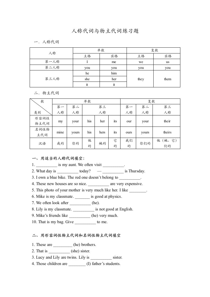 人教版英语七年级上册人称代词物主代词练习题