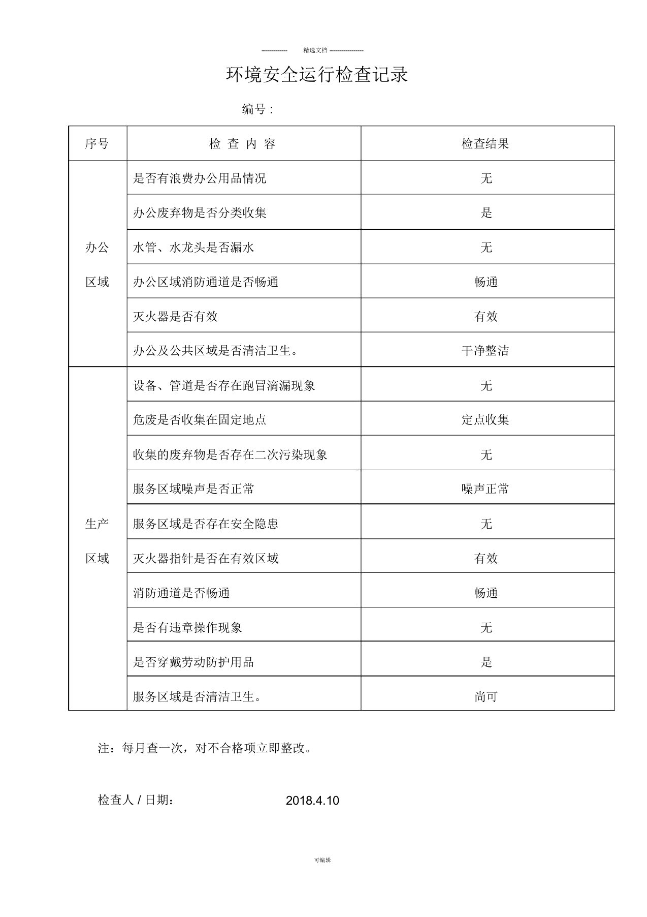 环境安全运行控制检查记录表