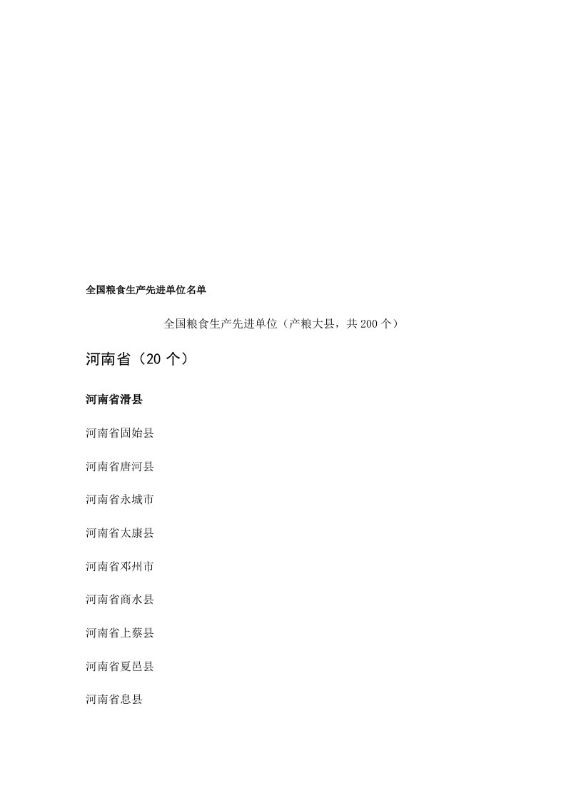 全国粮食生产先进单位(产粮大县,共200个)