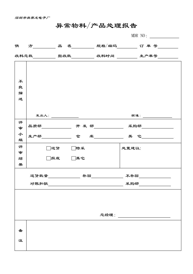 x赛龙电子品管表-产品试验报告、IPQC制程巡检表、品质实绩状况管理图、异常物料产品处理报告(7个文件)异常物料、产品处理报告-质量制度表格