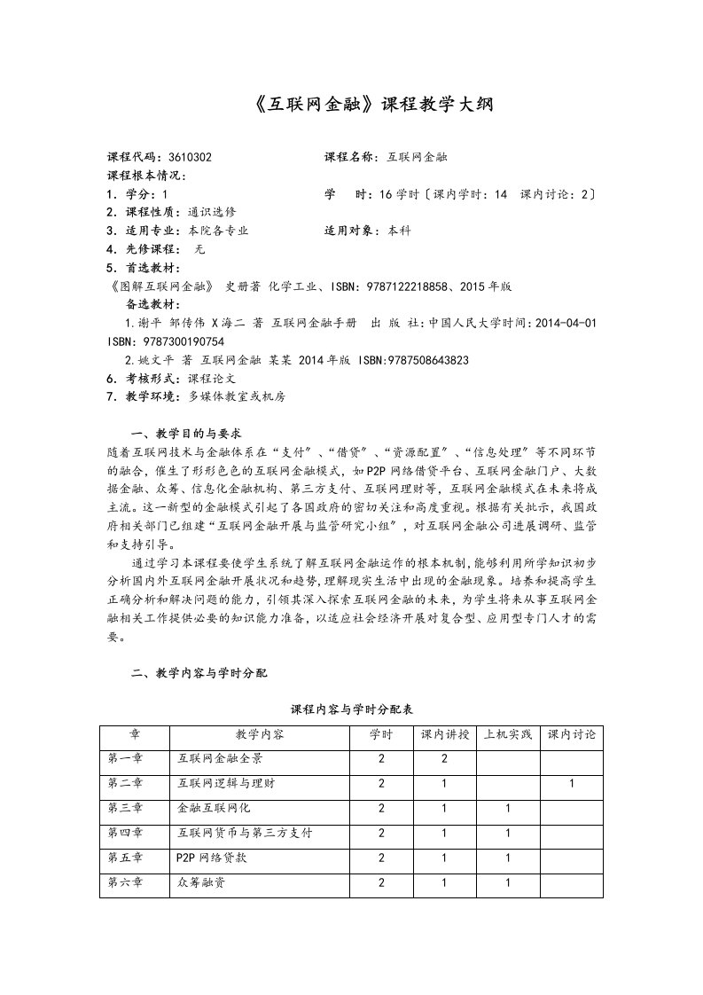 《互联网金融》教学大纲-1学分