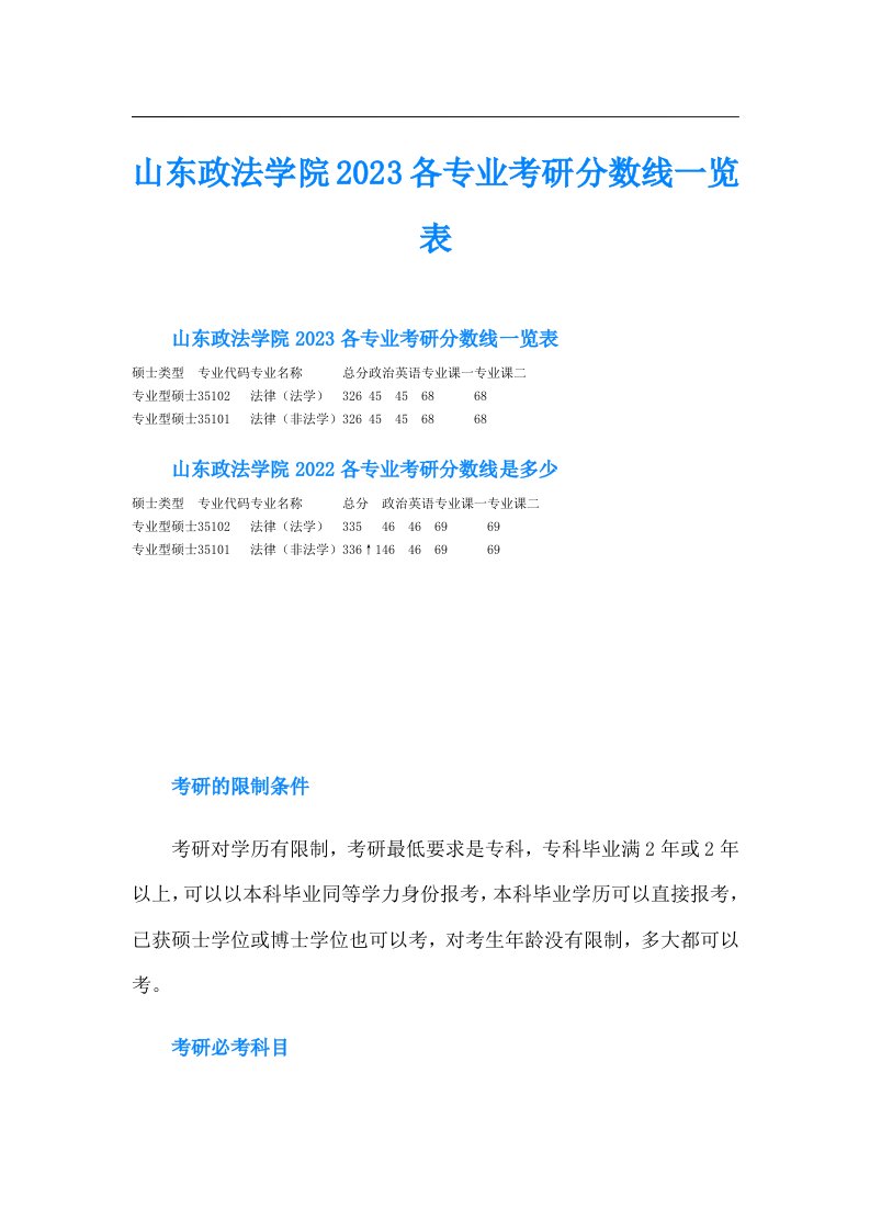 山东政法学院各专业考研分数线一览表