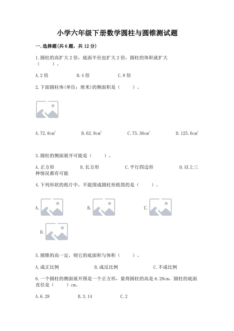 小学六年级下册数学圆柱与圆锥测试题精品【夺冠系列】