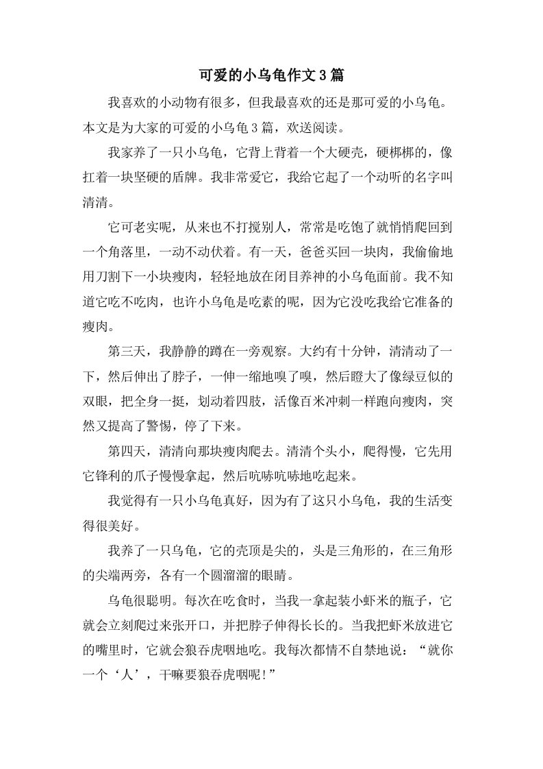 可爱的小乌龟作文3篇