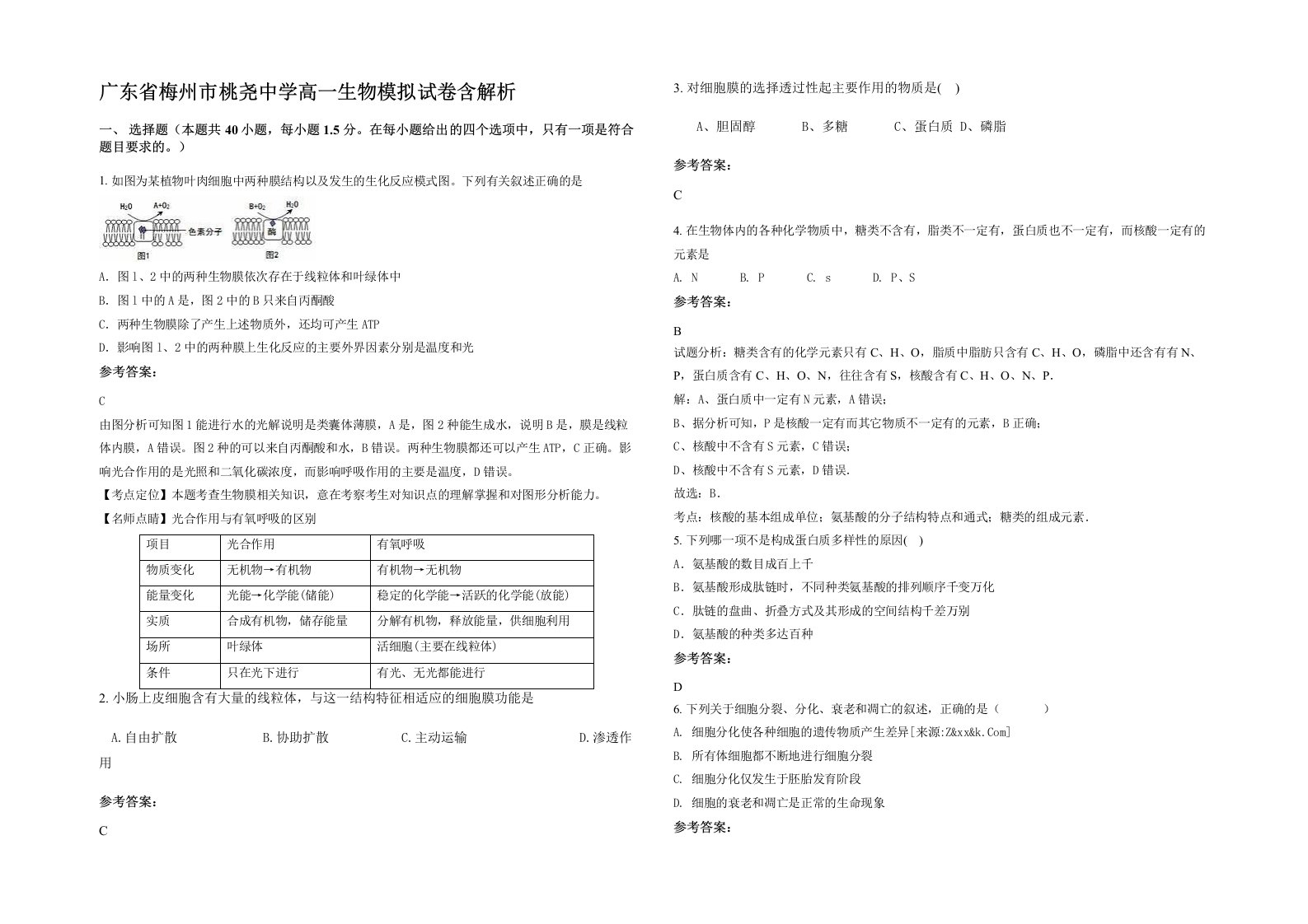 广东省梅州市桃尧中学高一生物模拟试卷含解析