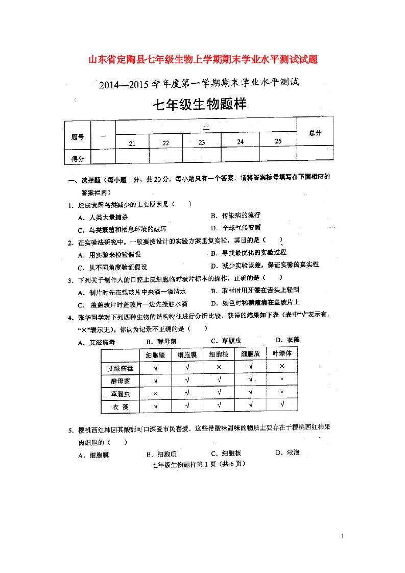 山东省定陶县七级生物上学期期末学业水平测试试题（扫描版）