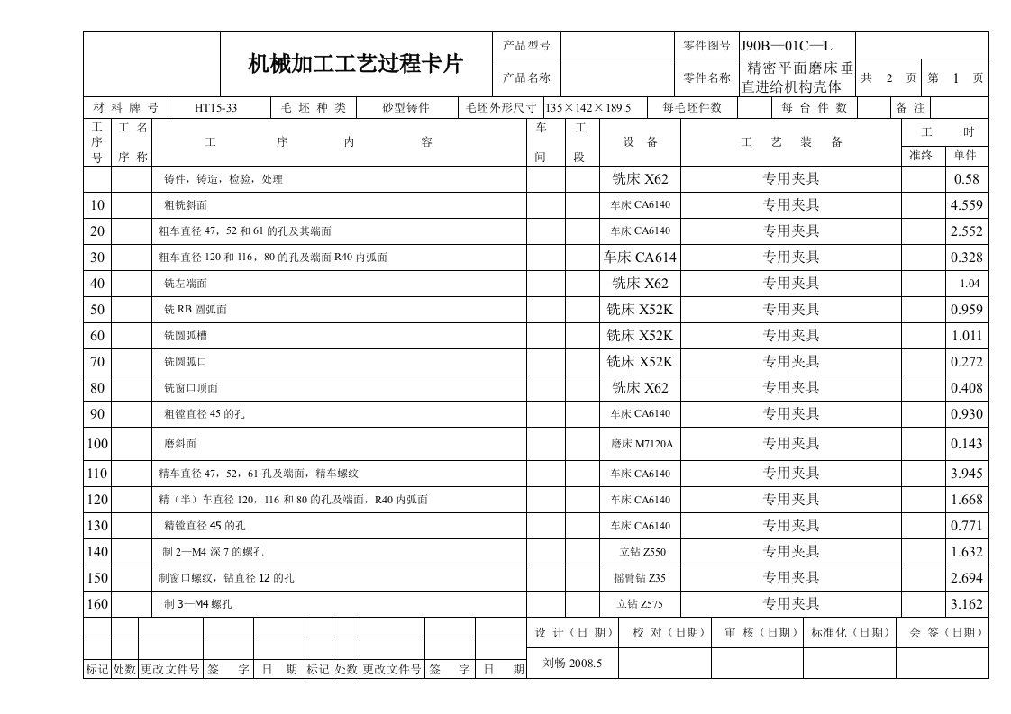 精密平面磨床垂直进给机构壳体机械加工工艺过程卡片