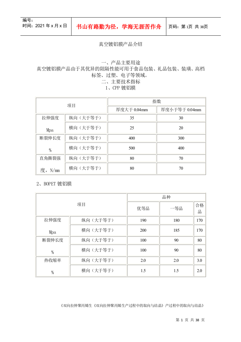 真空镀铝膜产品介绍(DOC36页)