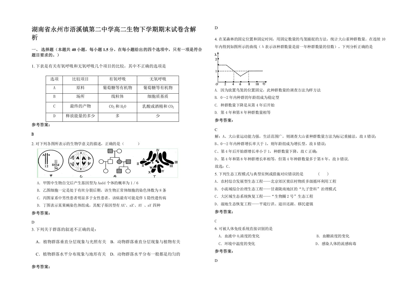 湖南省永州市浯溪镇第二中学高二生物下学期期末试卷含解析