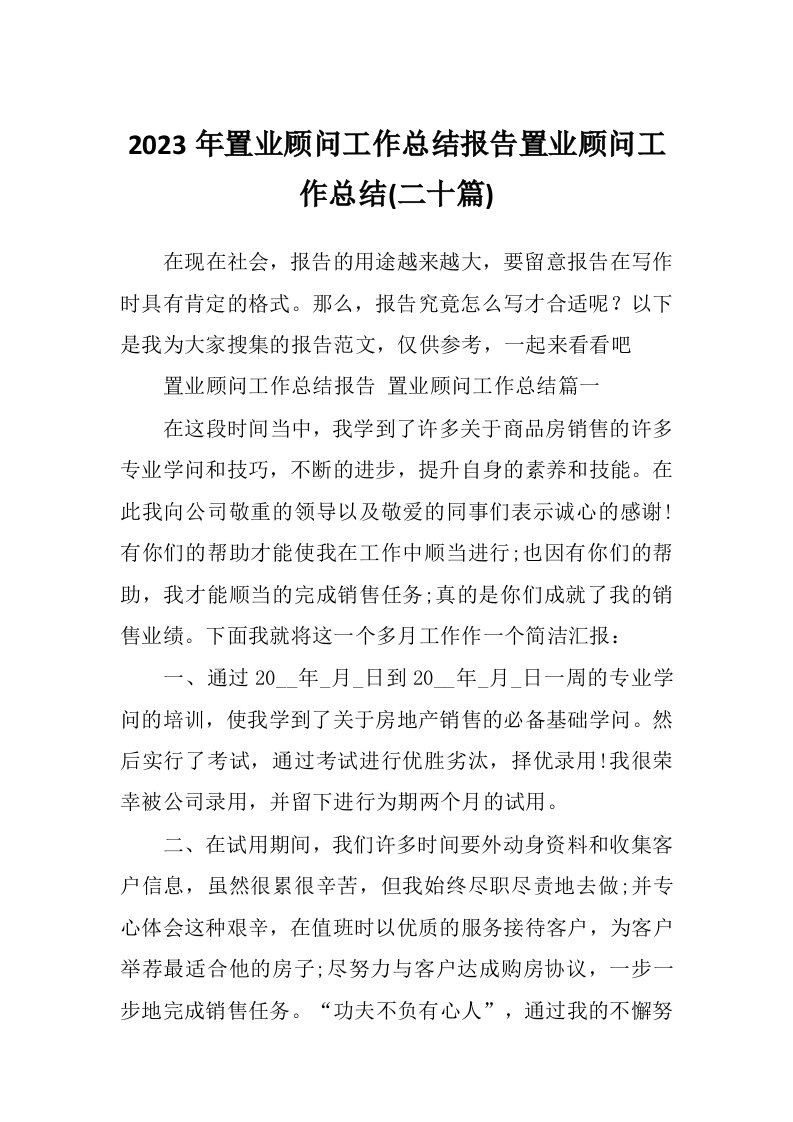 2023年置业顾问工作总结报告置业顾问工作总结(二十篇)