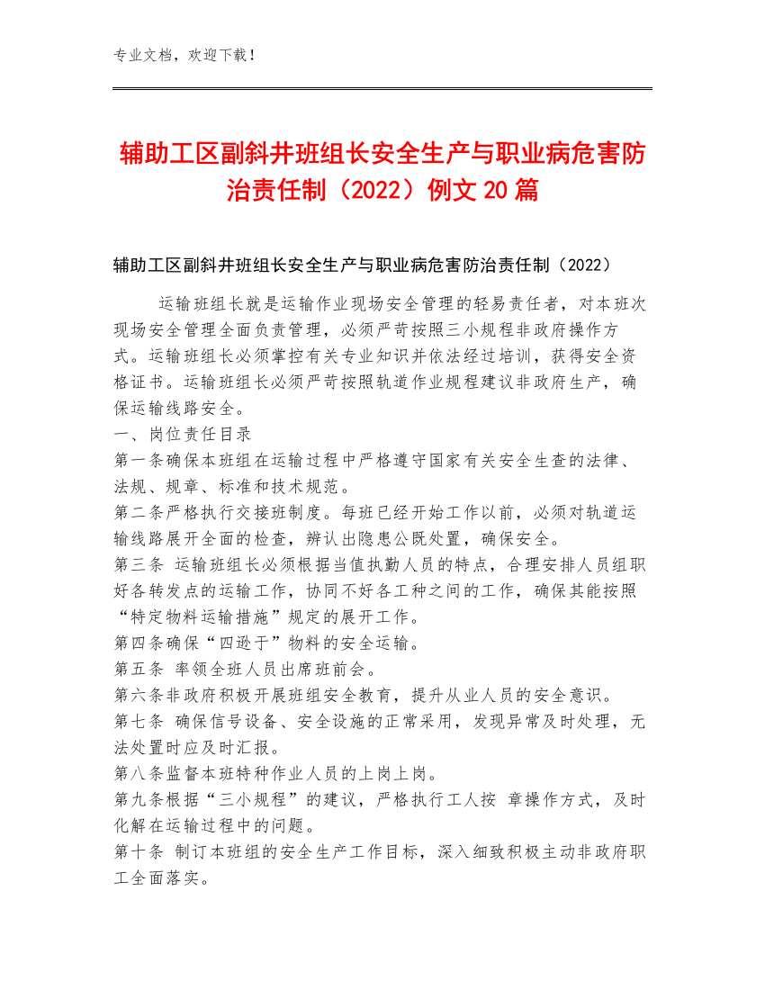 辅助工区副斜井班组长安全生产与职业病危害防治责任制（2022）例文20篇