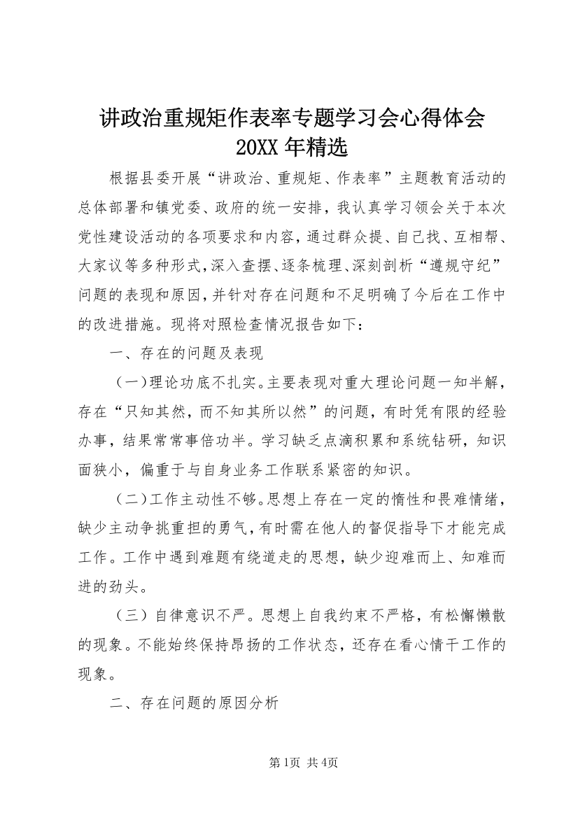 讲政治重规矩作表率专题学习会心得体会20XX年精选