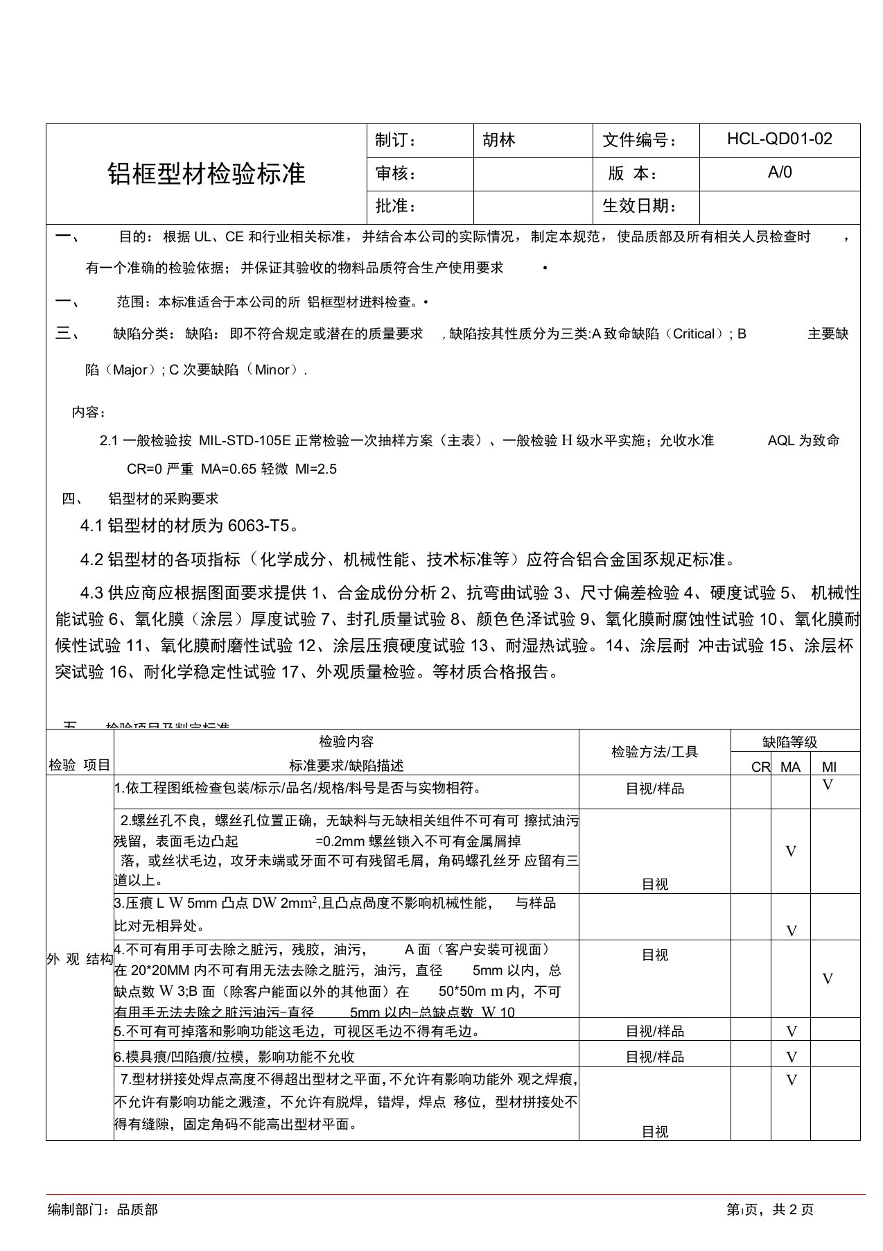 铝型材进料检验规范