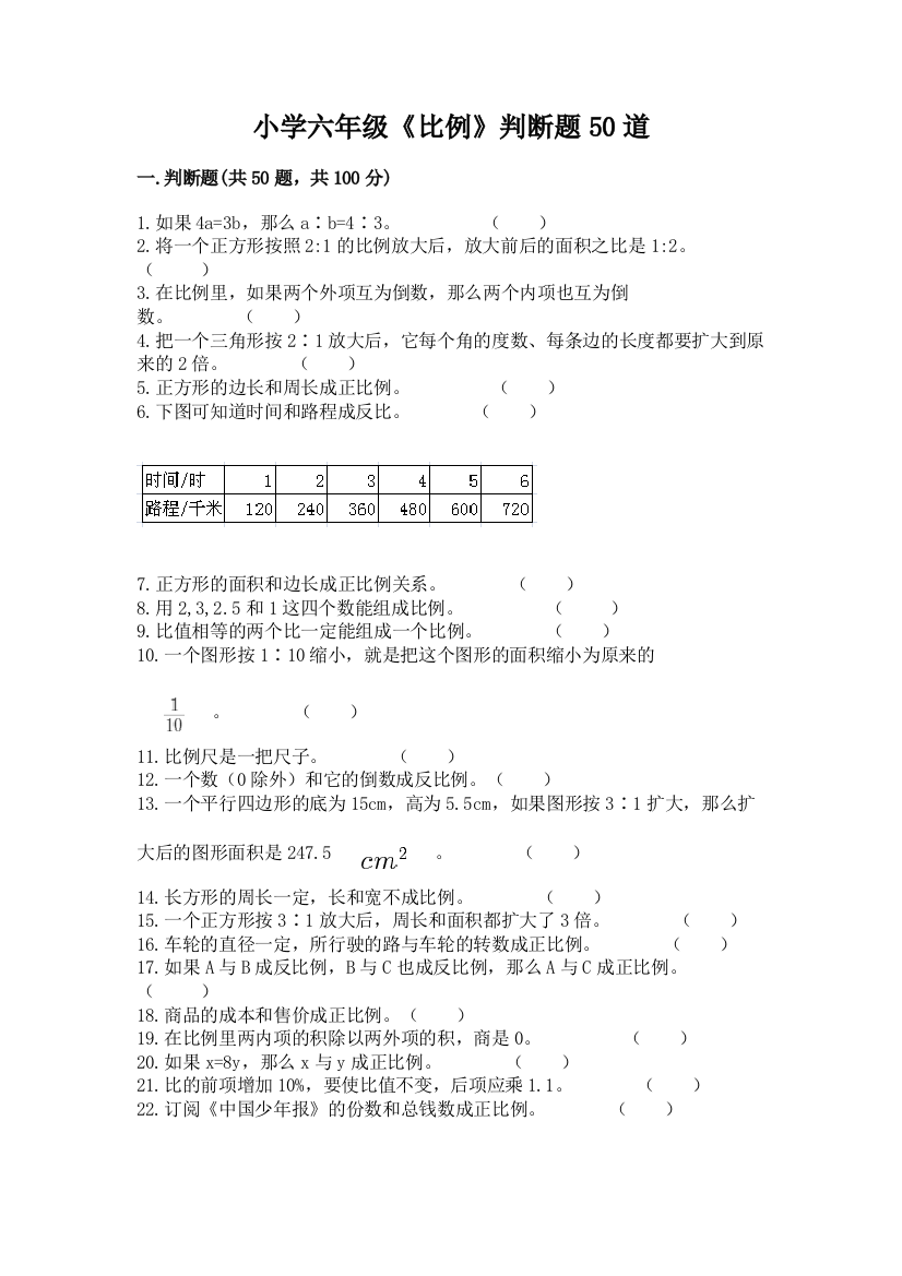 小学六年级《比例》判断题50道及1套完整答案