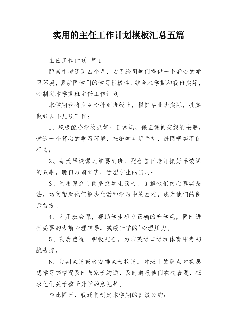 实用的主任工作计划模板汇总五篇