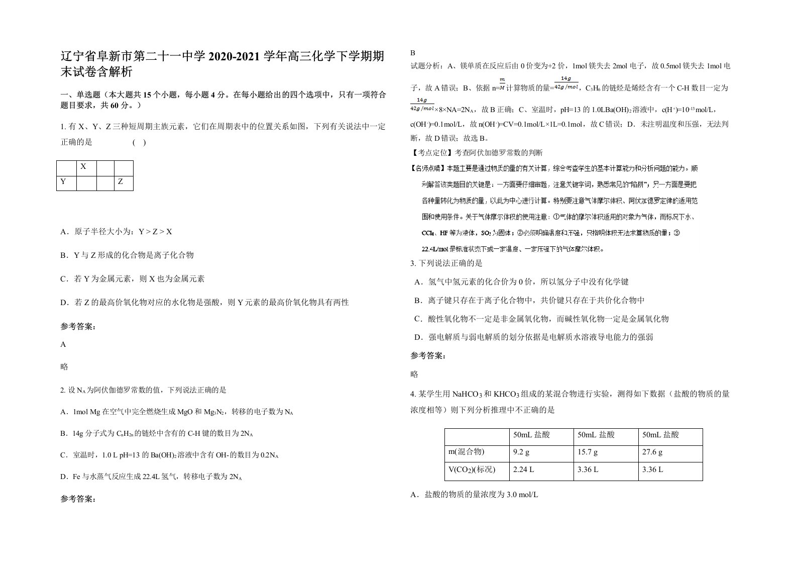 辽宁省阜新市第二十一中学2020-2021学年高三化学下学期期末试卷含解析