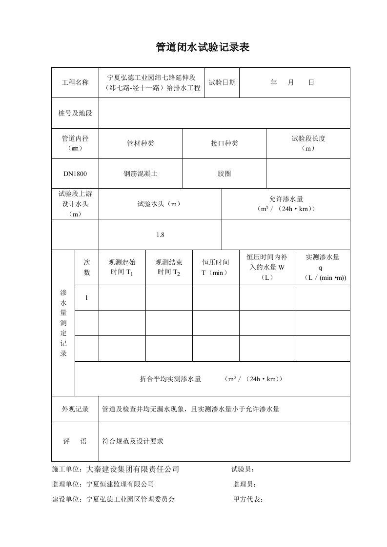 无压力管道试验记录