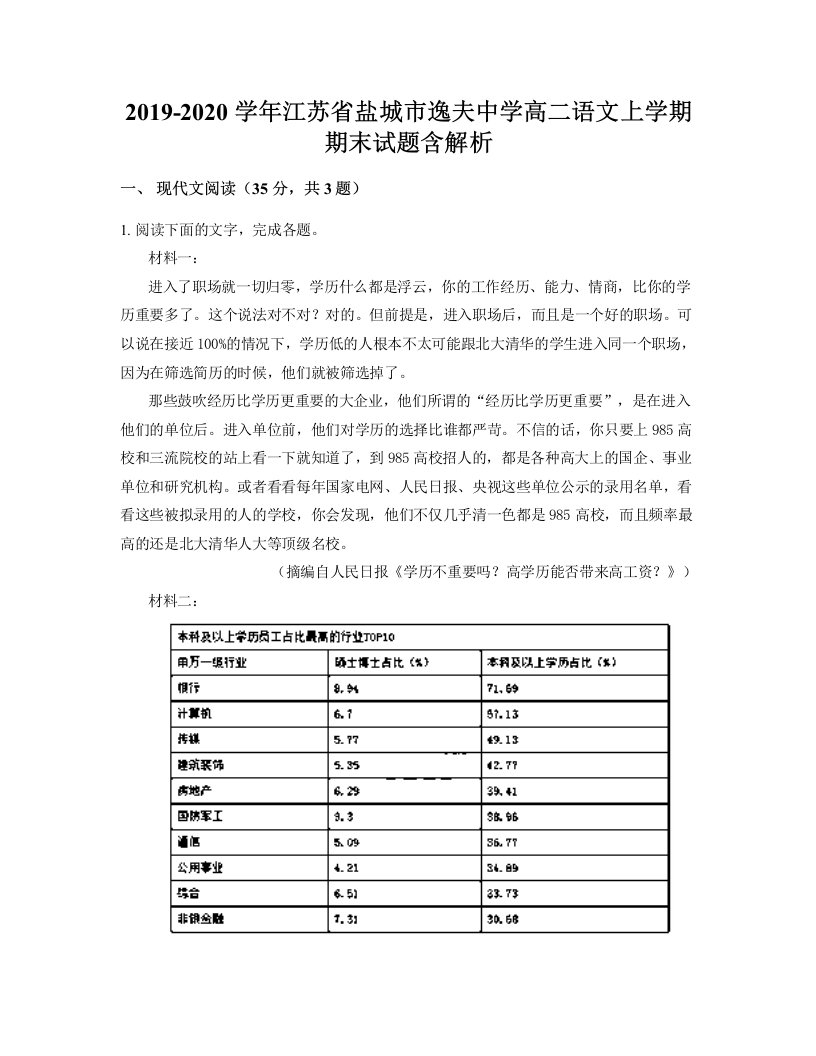 2019-2020学年江苏省盐城市逸夫中学高二语文上学期期末试题含解析