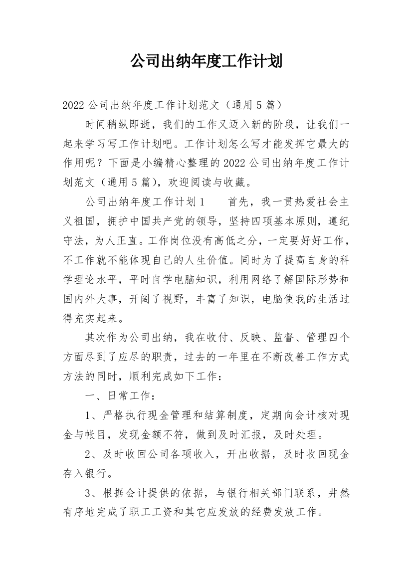 公司出纳年度工作计划