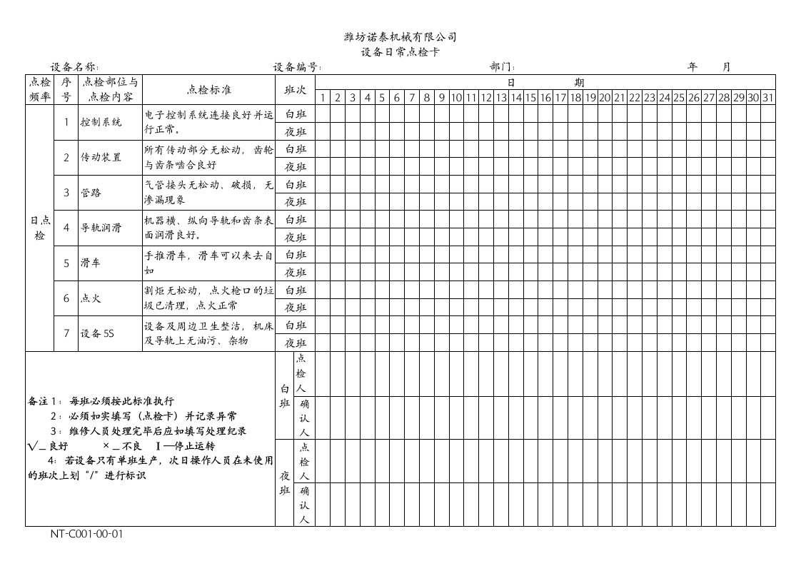 等离子切割机日常点检表